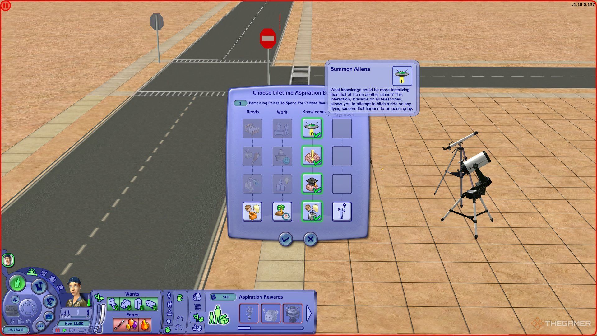 The Knowledge aspiration tree in The Sims 2 showing the Summon Aliens reward.