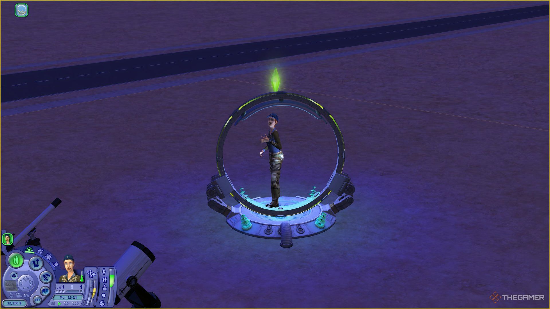 A Sim in The Sims 2 using the electrodance sphere in the dark. She's dancing upright.