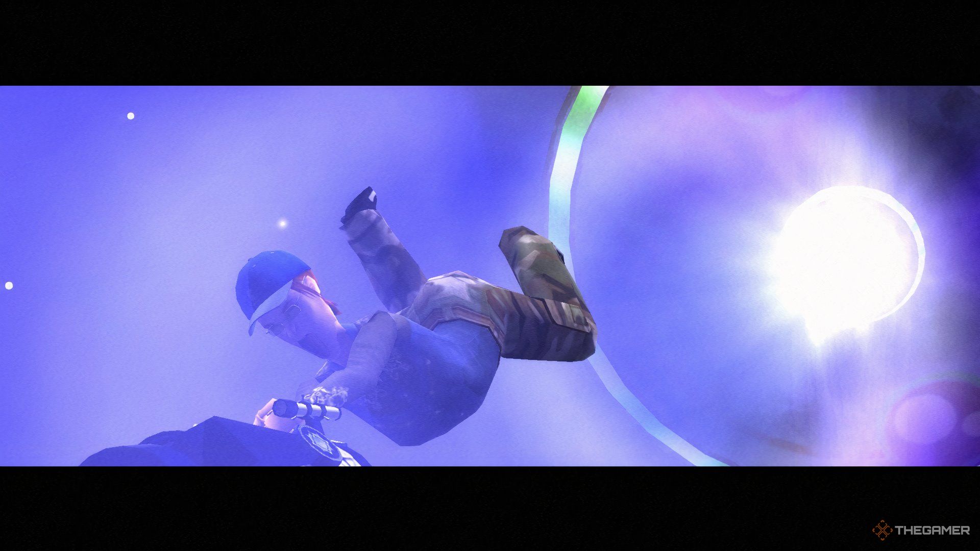 A still from the alien abduction cut scene in The Sims 2, showing a Sim going into a UFO.