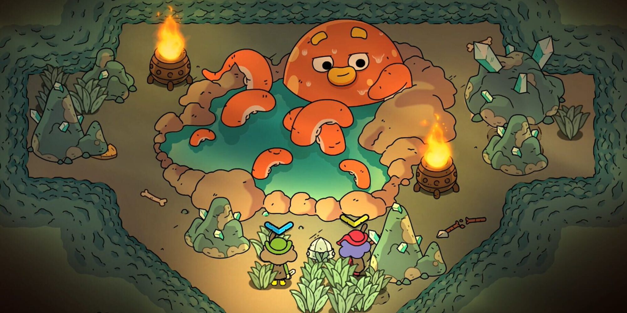 A party of characters meeting a giant octopus