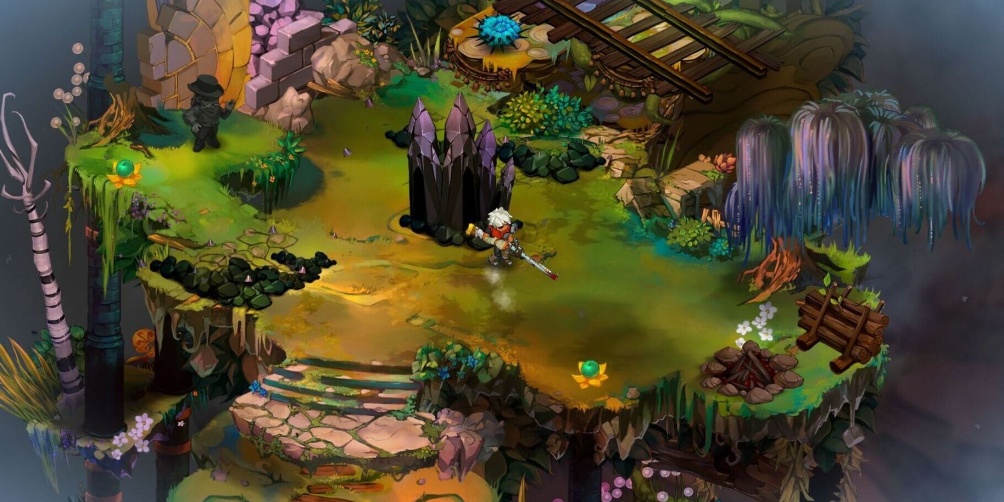 A player in a mountainous overworld in Bastion