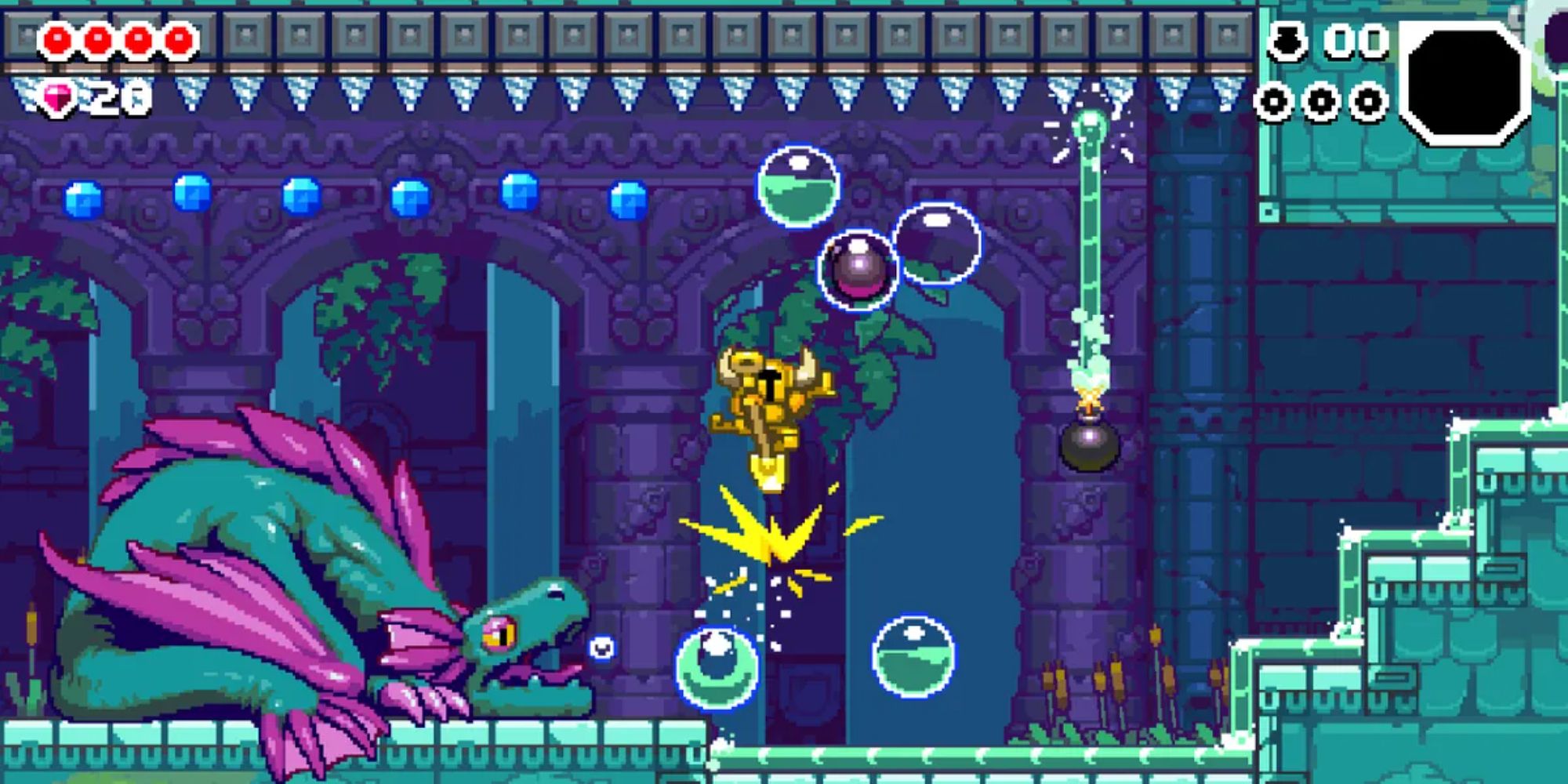 A gold Shovel Knight bouncing on a dragon's bubbles