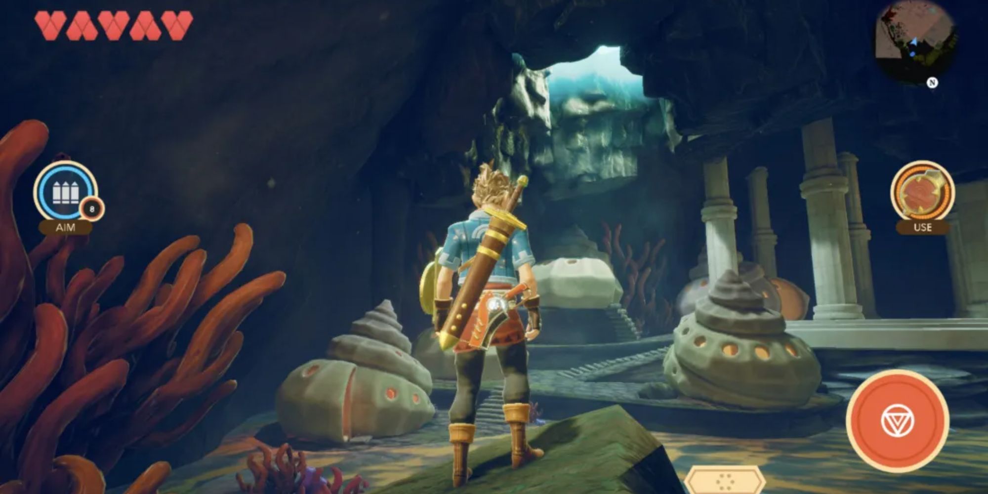 A player in an underwater temple in Oceanhorn 2