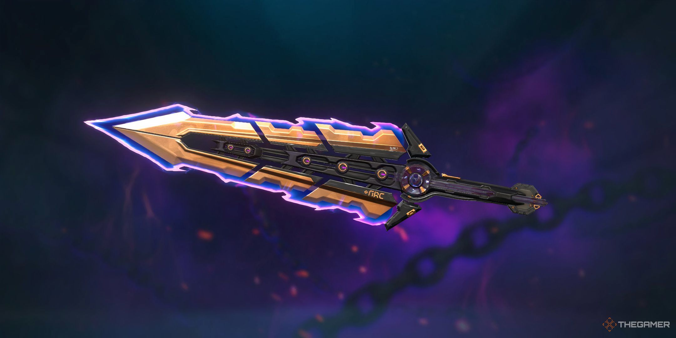 Showcasing the Blade of Chaos' purple variant skin in Valorant's Collection menu.