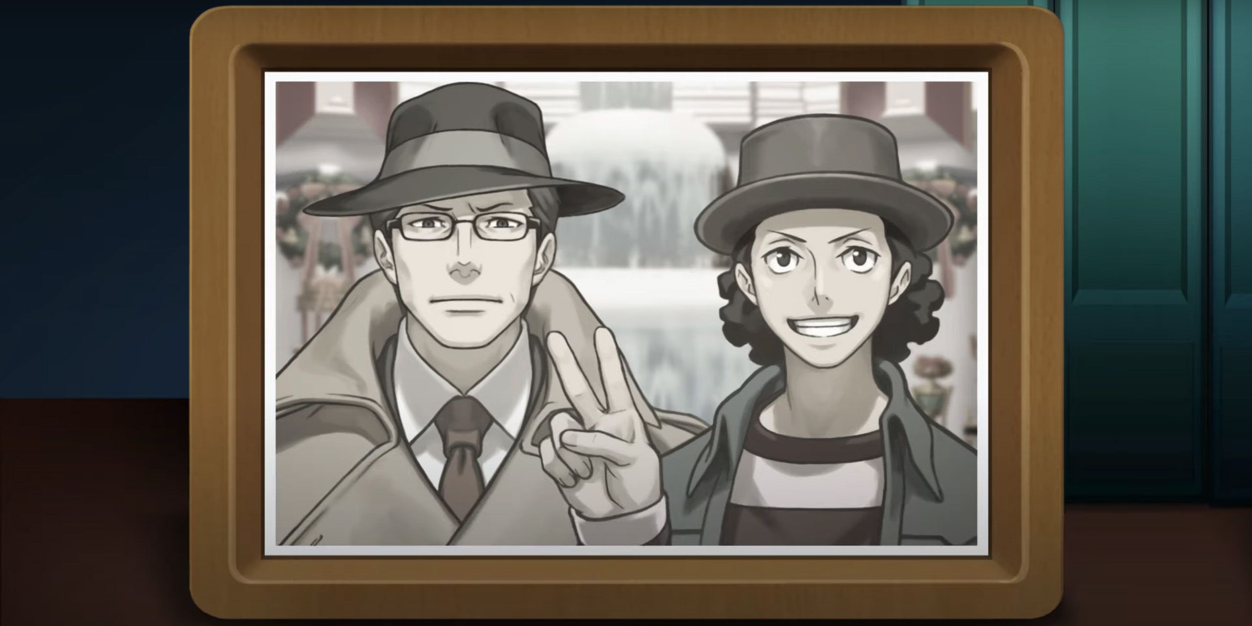 A black and white photograph of Gregory Edgeworth and Eddie Fender from Ace Attorney Investigations 2.