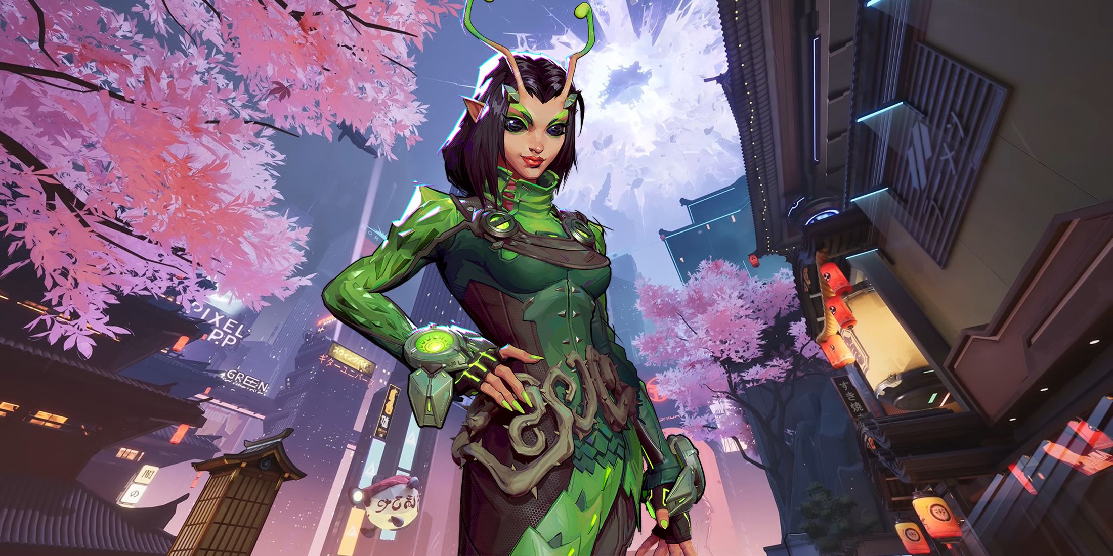 Marvel Rivals Mantis set against the Tokyo map backdrop