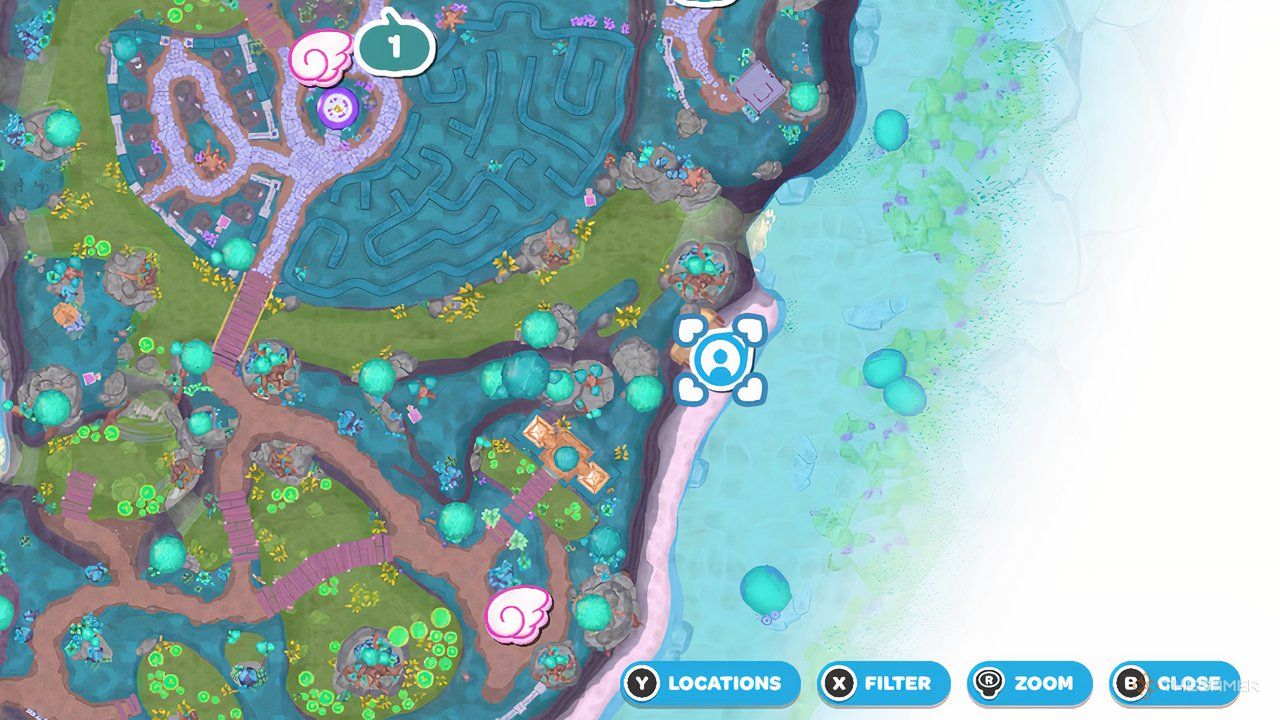 Close up map view of the southeastern side of Spooky Swamp with the player map symbol above a room in Hello Kitty Island Adventure.