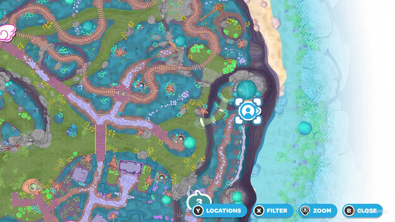 Close up view of the northeastern side of Spooky Swamp with the player icon on top of the puzzle room location in Hello Kitty Island Adventure.