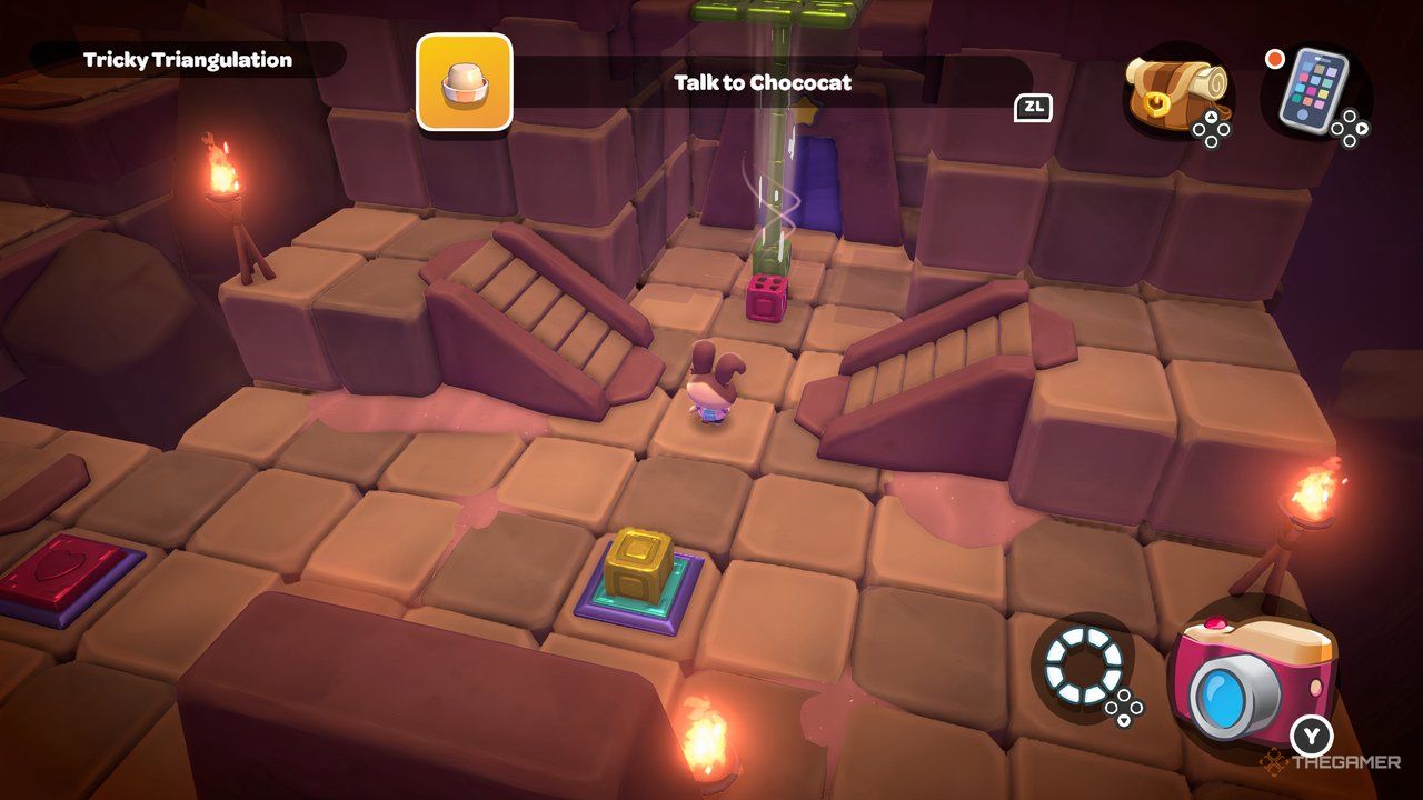 Player avatar standing near one of the puzzle solutions for Tricky Triangulation in Hello Kitty Island Adventure.