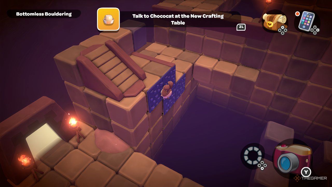 Player avatar climbing over purple climbing walls to get to a section with stairs in Hello Kitty Island Adventure.