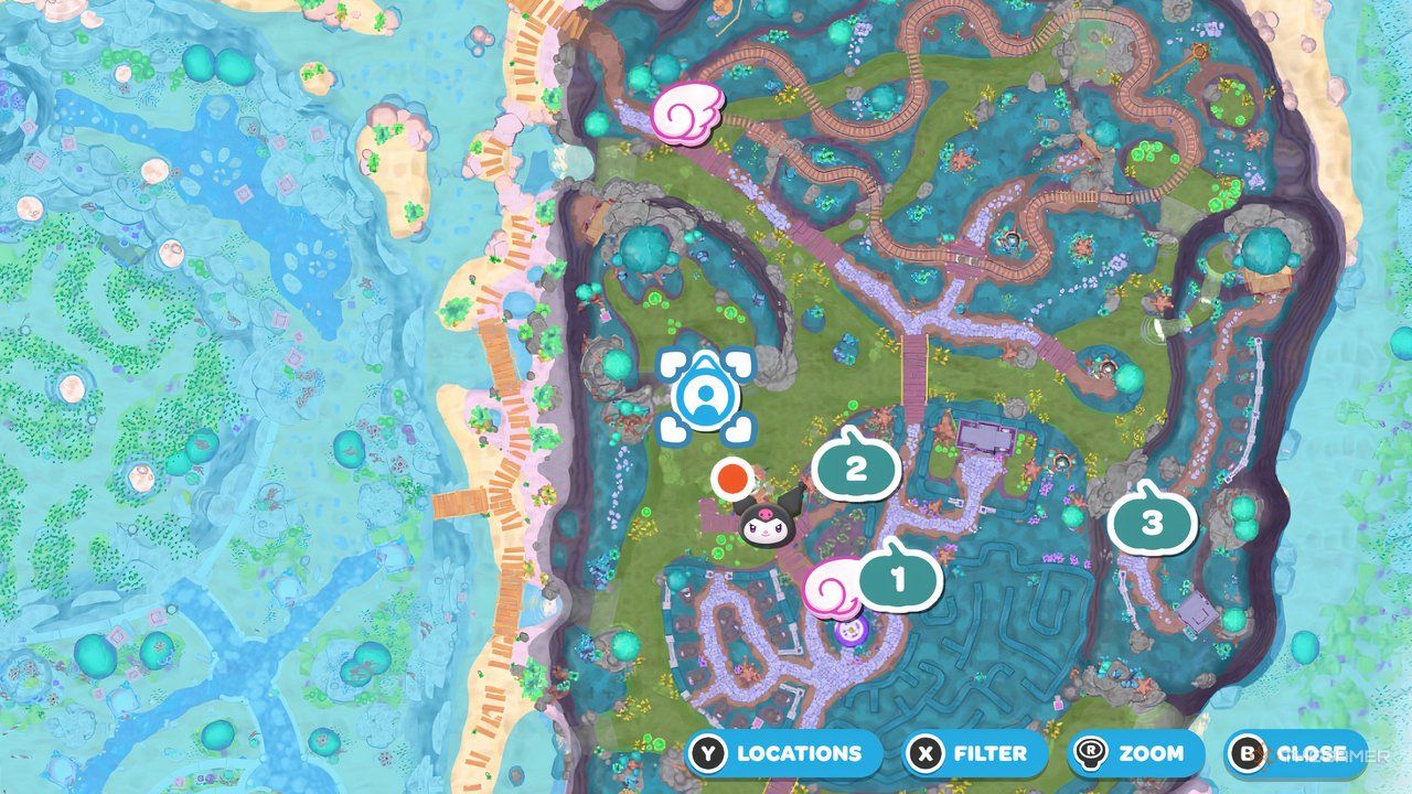 Close up view of the center of Spooky Swamp with the player map icon over the room location in Hello Kitty Island Adventure.