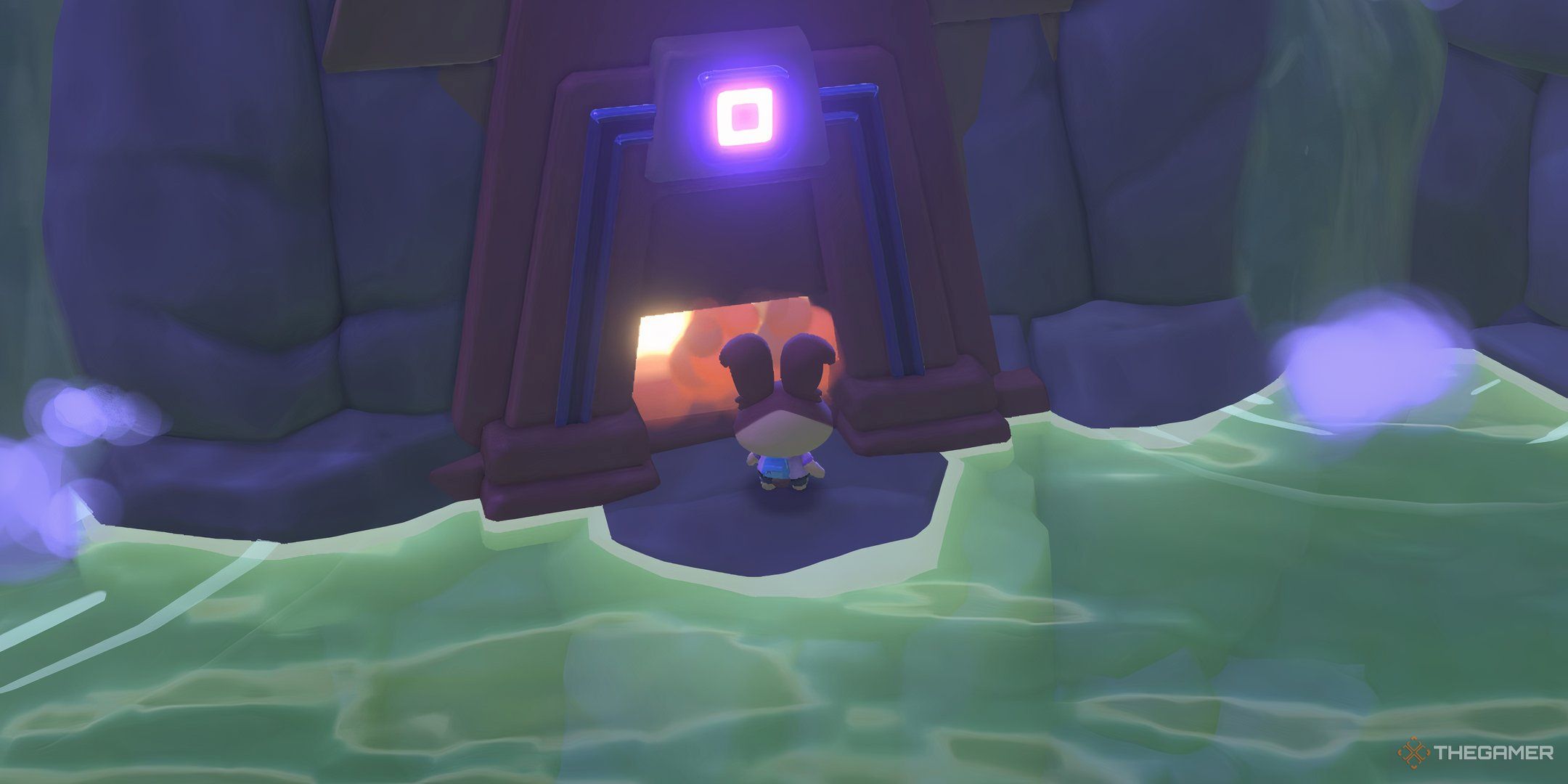 Player avatar standing in front of a Puzzle Room near a lake as the doors open in Hello Kitty Island Adventure.