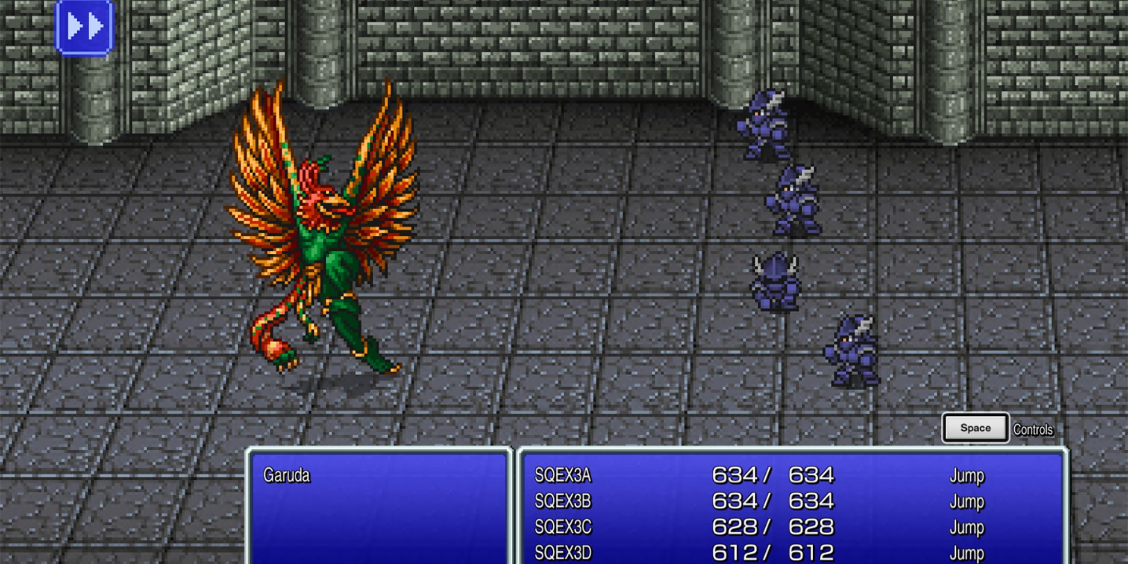 Garuda boss battle in Final Fantasy 3 with the party fighting in a medieval stone castle