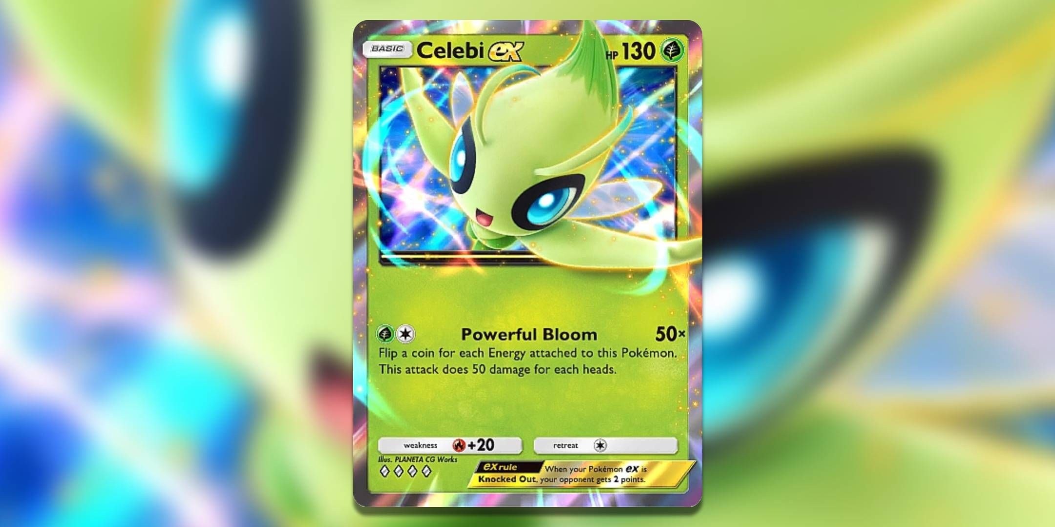 The Pokemon Pocket card Celebi ex by Planeta CG works.