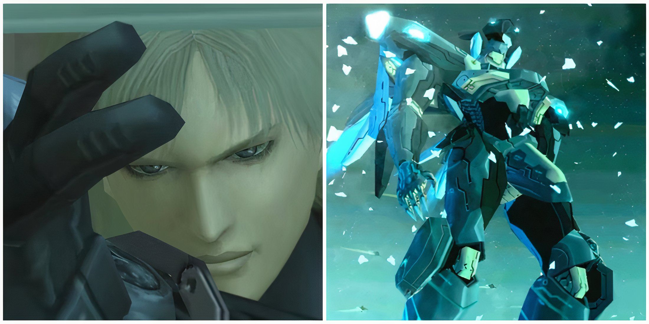 Split image of Raiden in Metal Gear Solid 2 and Jehuti in Zone of the Enders