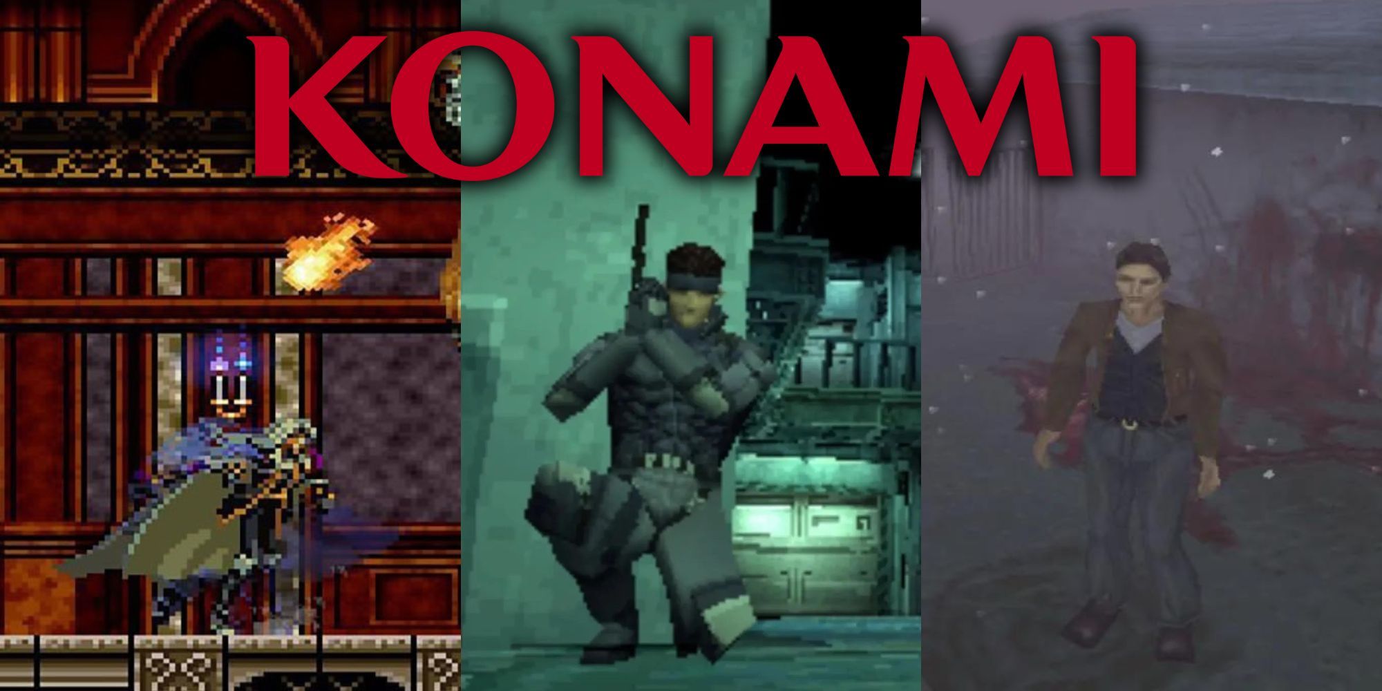 A collage of the best Konami games from 1997, 1998 and 1999: Castlevania: Symphony of the Night, Metal Gear Solid and Silent Hill.