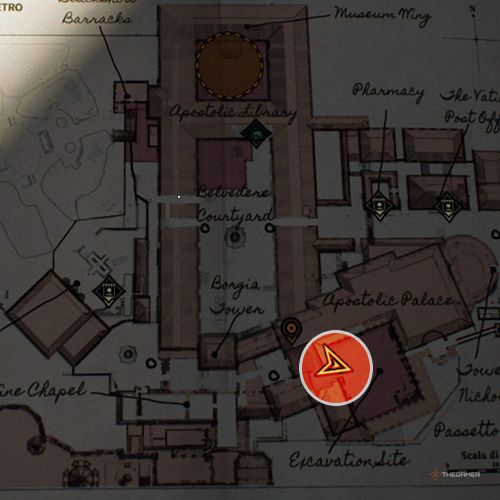 An orange circle shows the photo location of the Vatican Excavation in Indiana Jones And The Great Circle