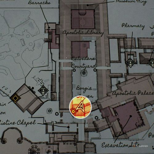 An orange circle shows the photo location of the Secret Room in Indiana Jones And The Great Circle