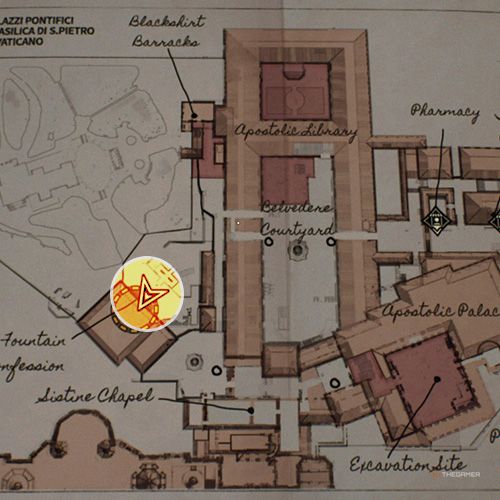 An orange circle shows the photo location of the Fountain Gate in Indiana Jones And The Great Circle