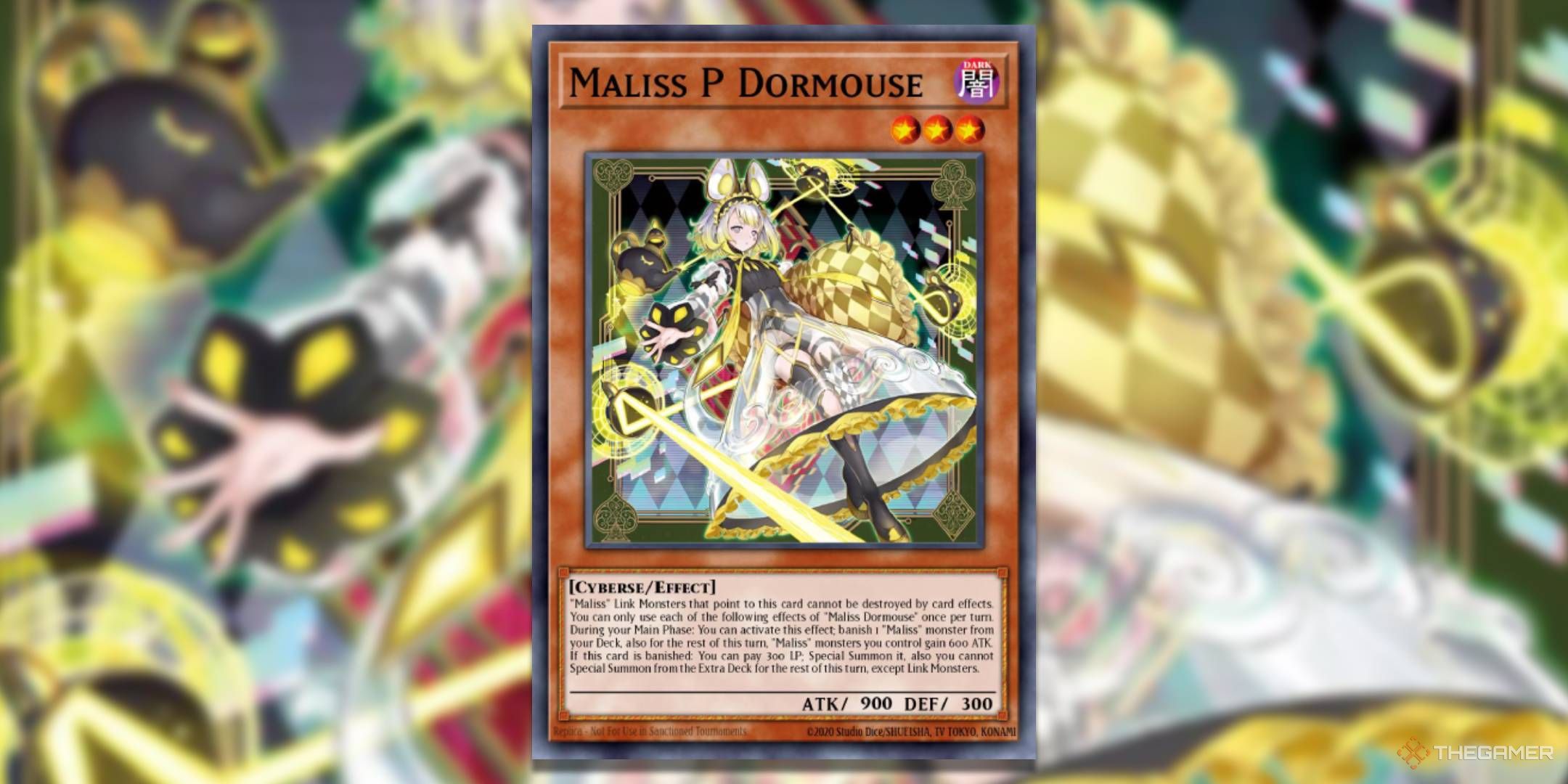 YGO Maliss P Dormouse card with the art in the background.