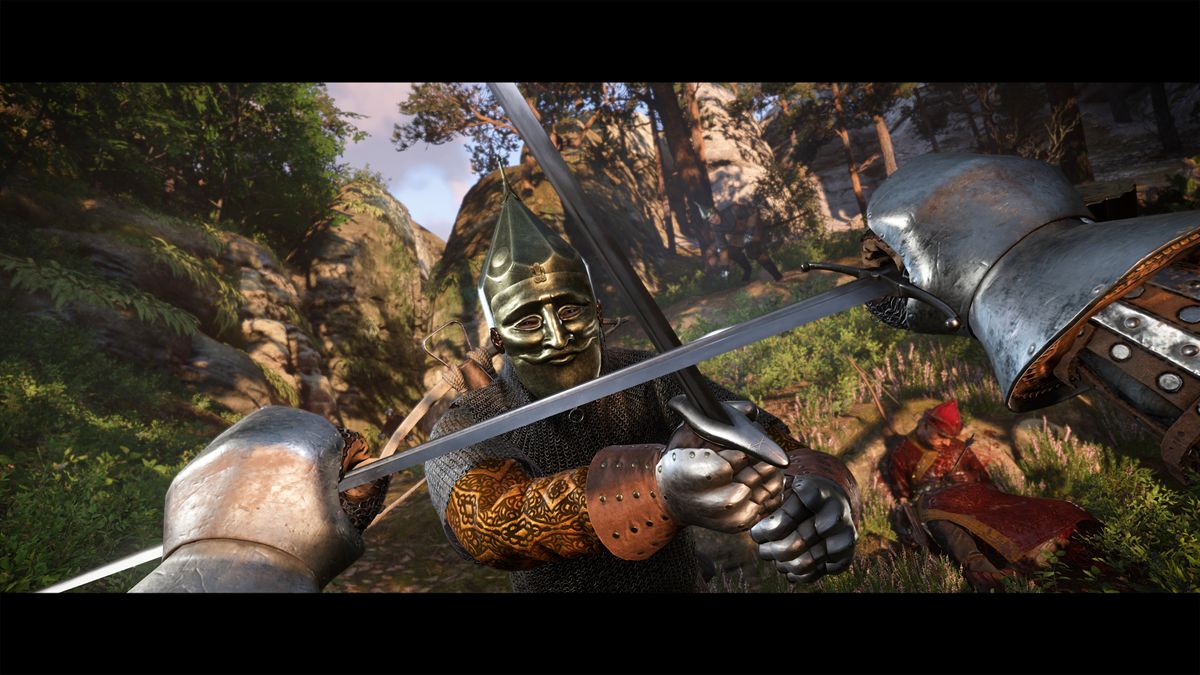 First-person combat with a masked fighter in Kingdom Come: Deliverance 2 showing a visceral sword parry