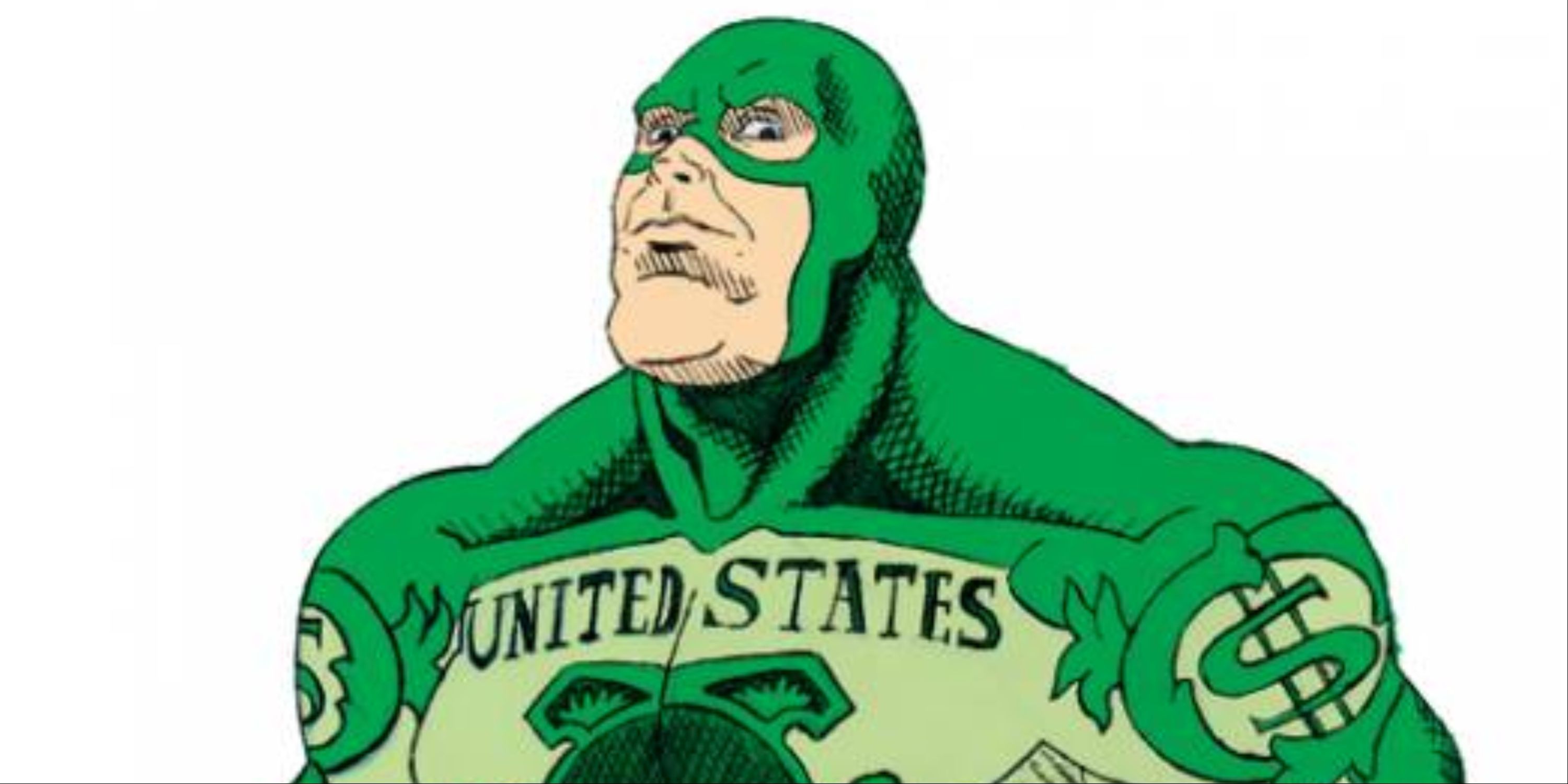 A muscular man in a green superhero suit designed to resemble an American dollar.