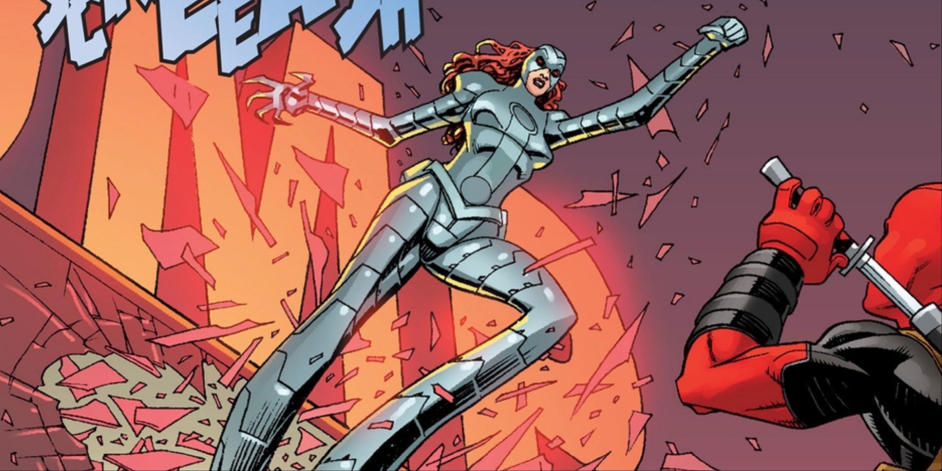 A woman in a mechanical silver costume with extremely long legs bursts onto the scene, facing off against Deadpool.