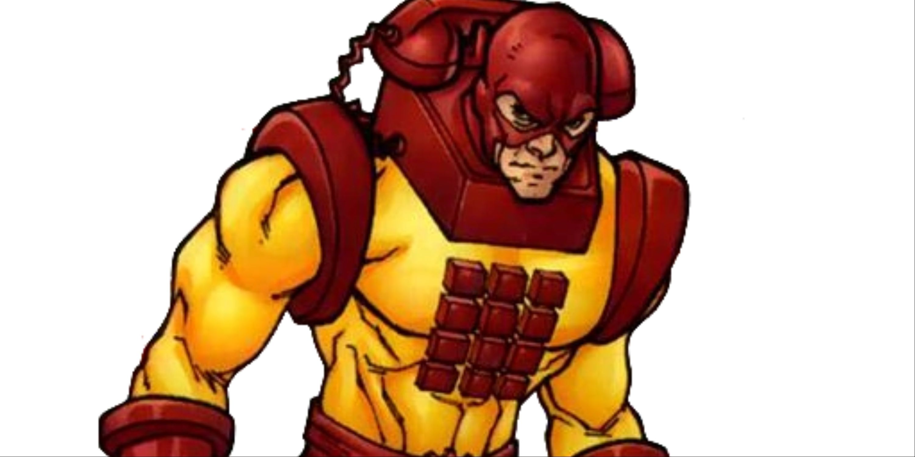 A man in a yellow and red superhero costume, with a grid of buttons on the chest and a large handset telephone around his head.