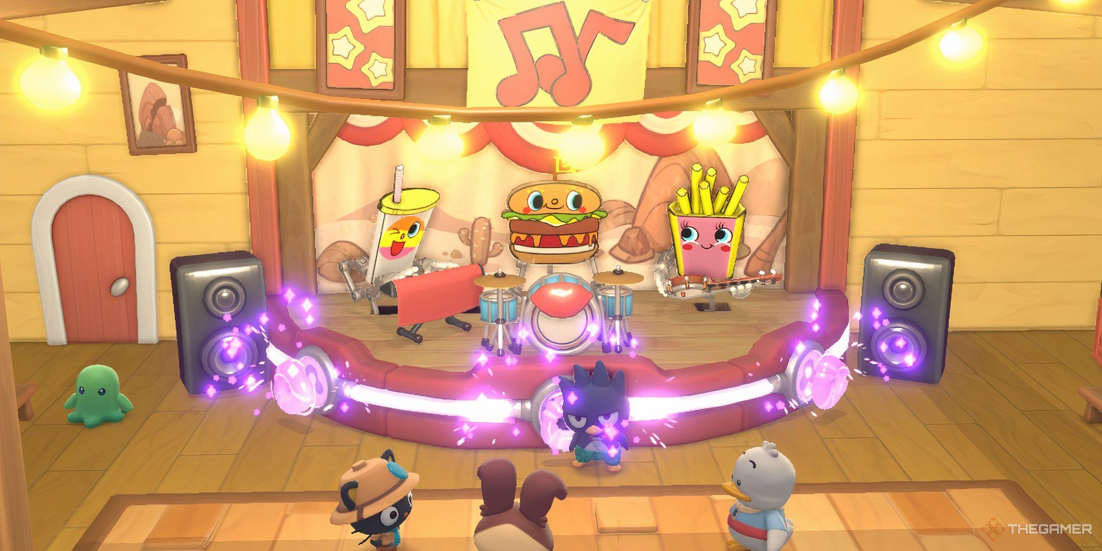 Player avatar, Pekkle, Chococat, and Batdz-maru watching the animatronic band be restored in Hello Kitty Island Adventure.