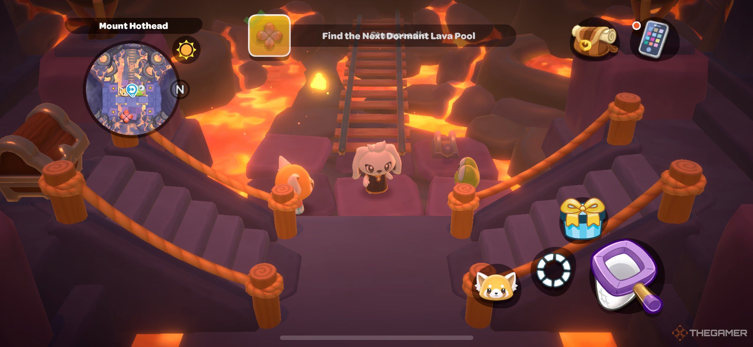 Retsuko, Keroppi, and a player standing inside the volcano in Hello Kitty Island Adventure.