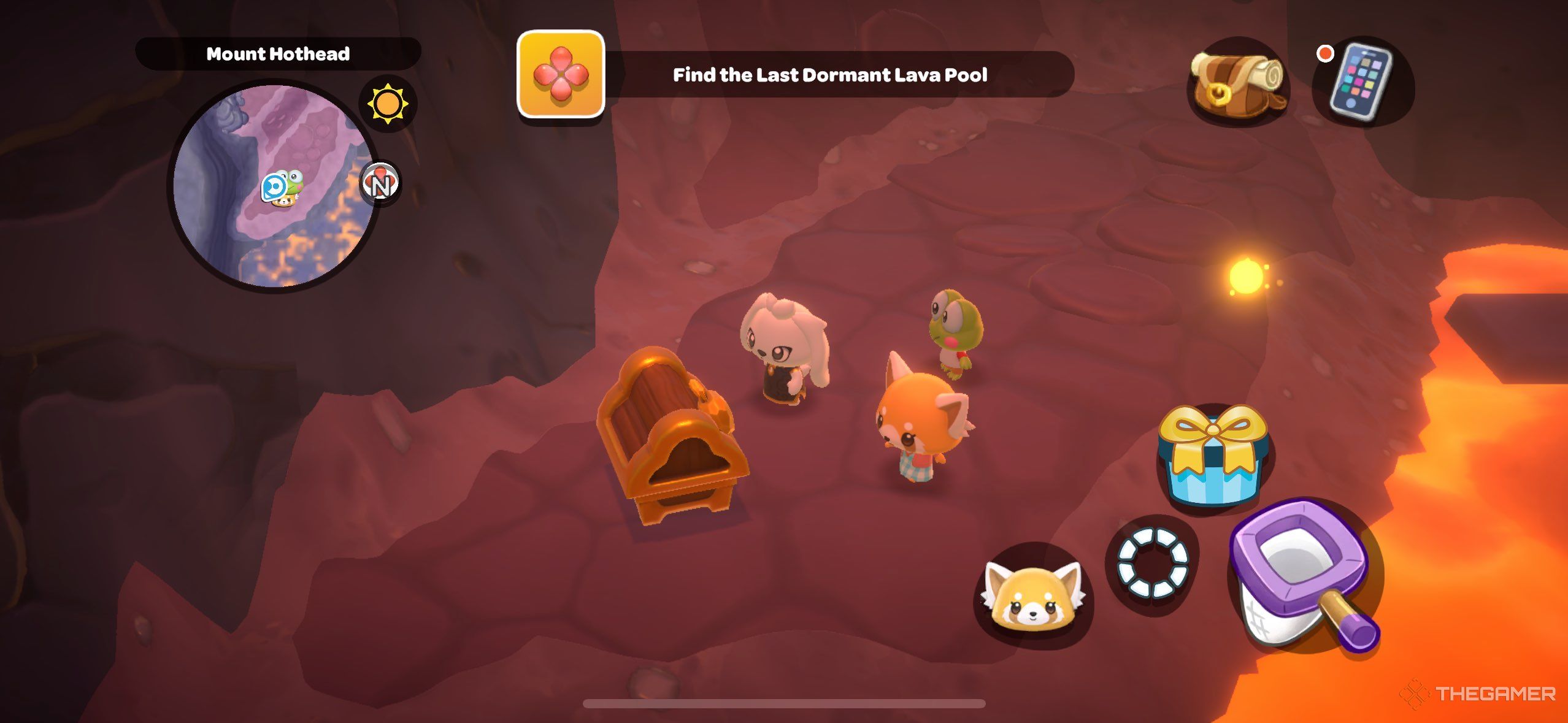 Retsuko, Keroppi, and a player looking at a golden chest in Hello Kitty Island Adventure.