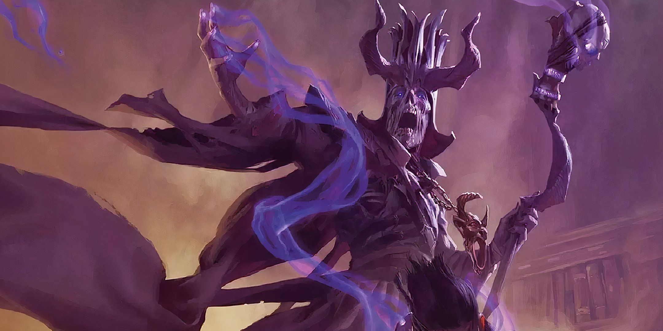 Dungeons & Dragons: Acererak raises their hand as they summon purple necrotic energy.