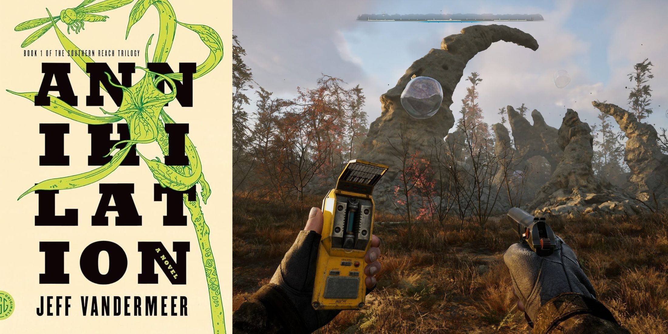 Front cover of Annihilation next to screenshot from S.T.A.L.K.E.R. 2: Heart of Chornobyl