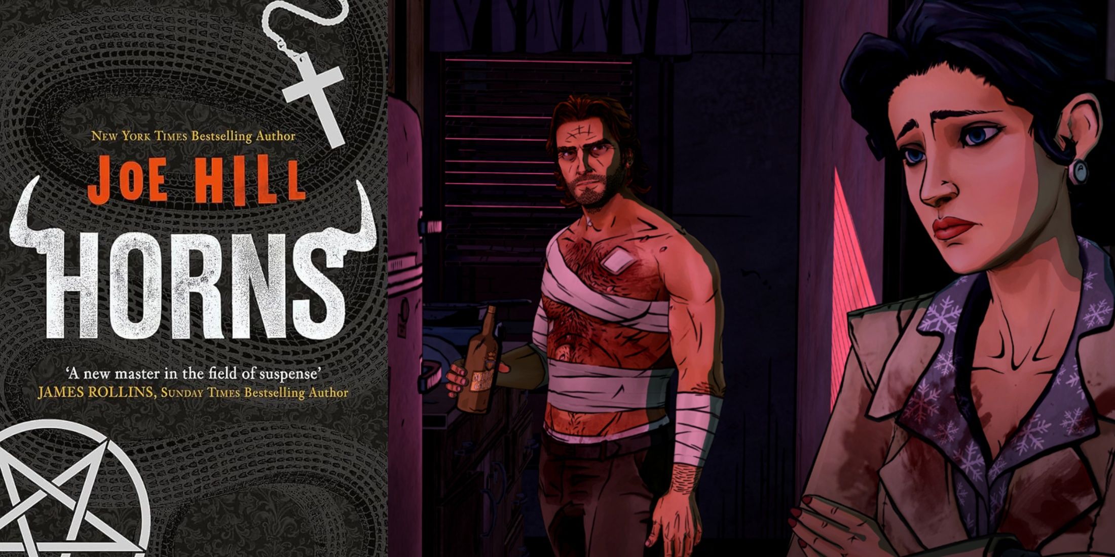 Frontcover of Horns next to a screenshot from The Wolf Among Us