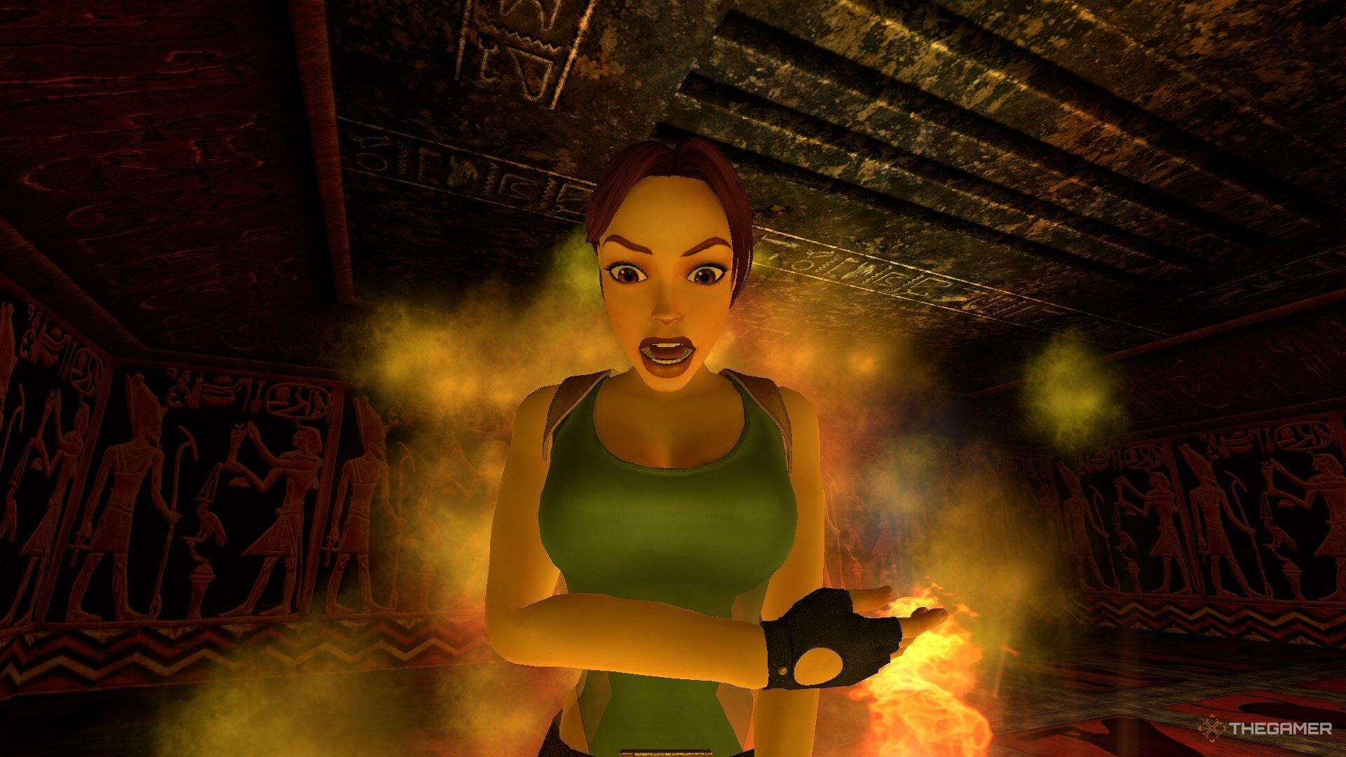 Lara Croft on fire in Tomb Raider: The Last Revelation.