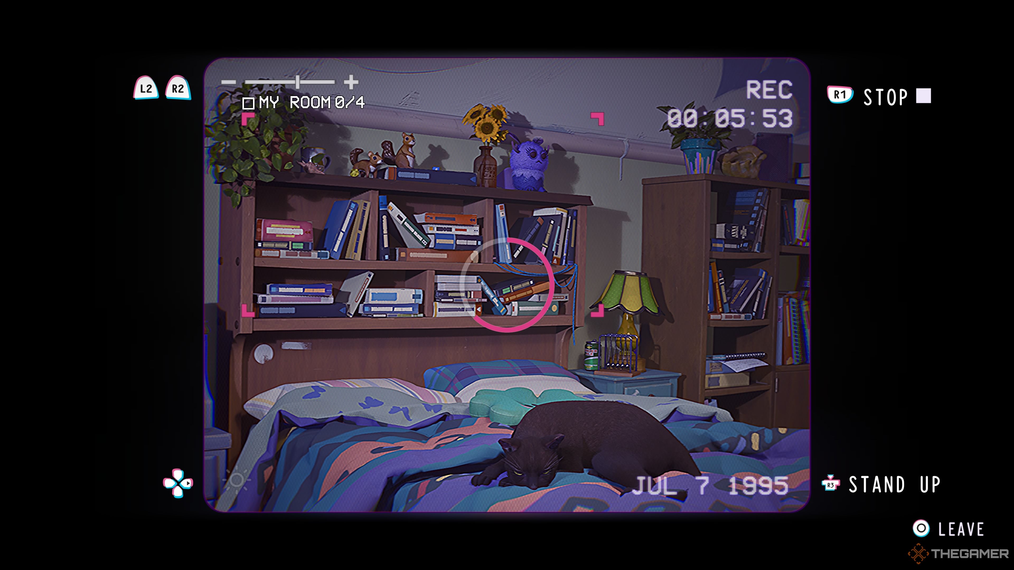 A camcorder's perspective on Swann's room in Lost Records: Bloom & Rage, with pink brackets framing her headboard.