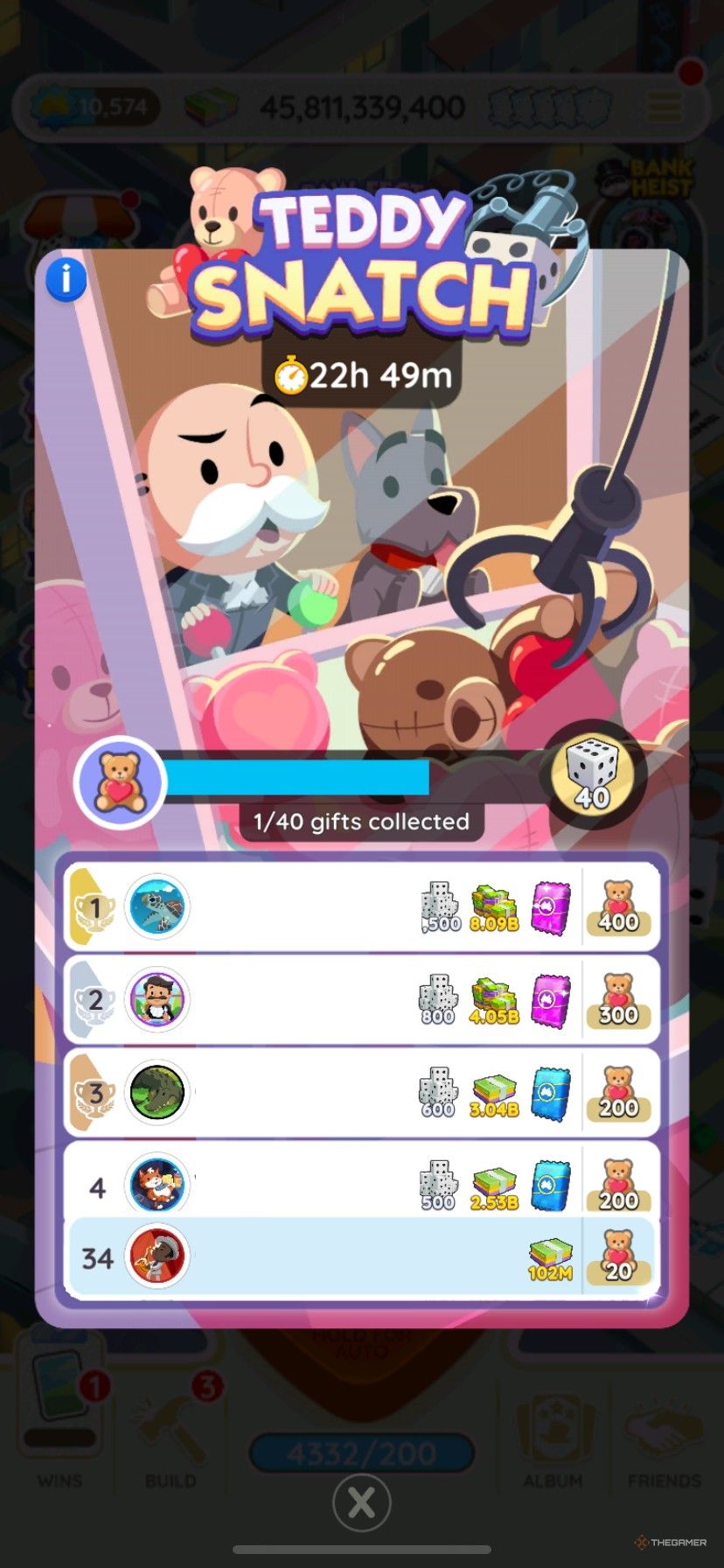 A leaderboard during Teddy Snatch in Monopoly Go.-1