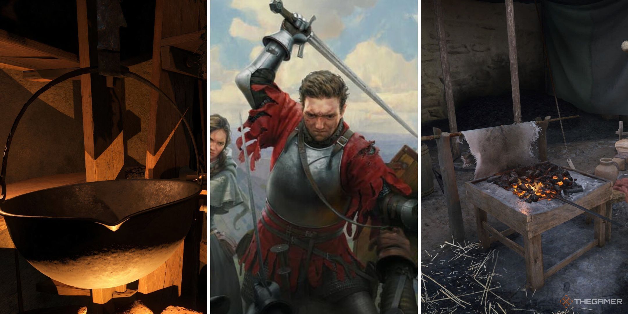 Kingdom Come Deliverance 2 collage with alchemy pot and blacksmith table.