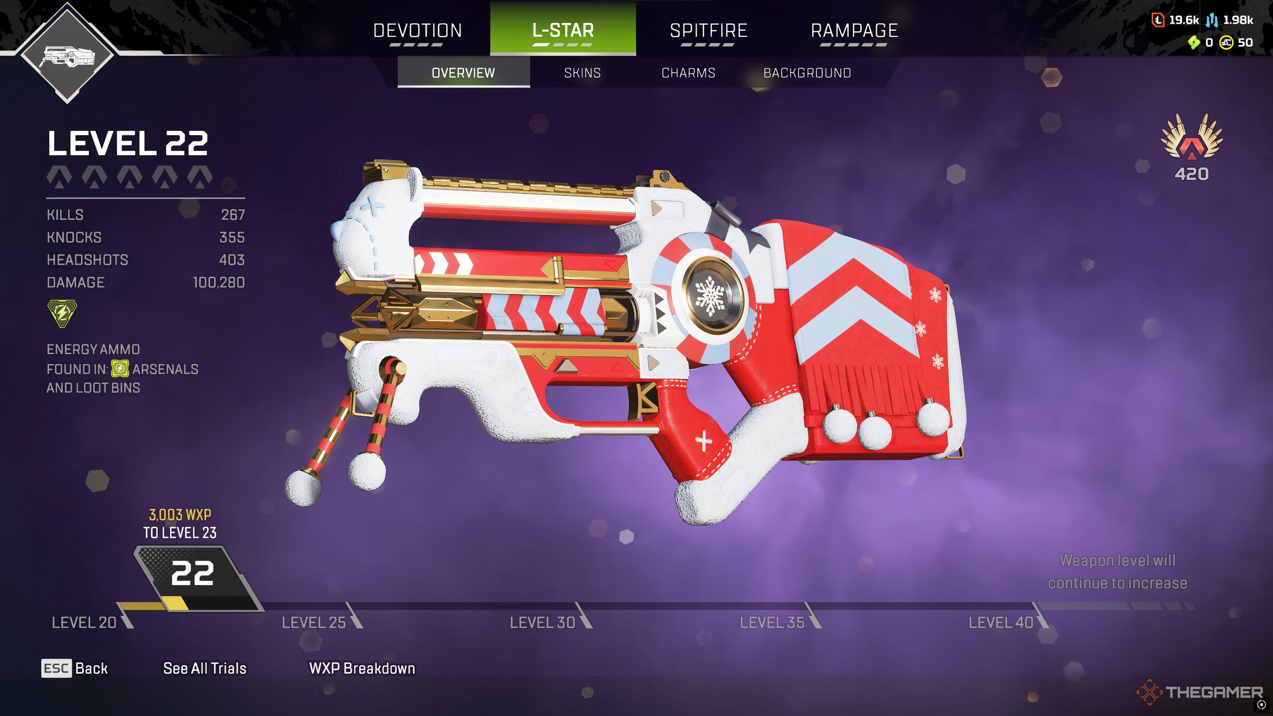 The L-Star, as viewed from the Legend Locker, sporting a holiday skin in Apex Legends.