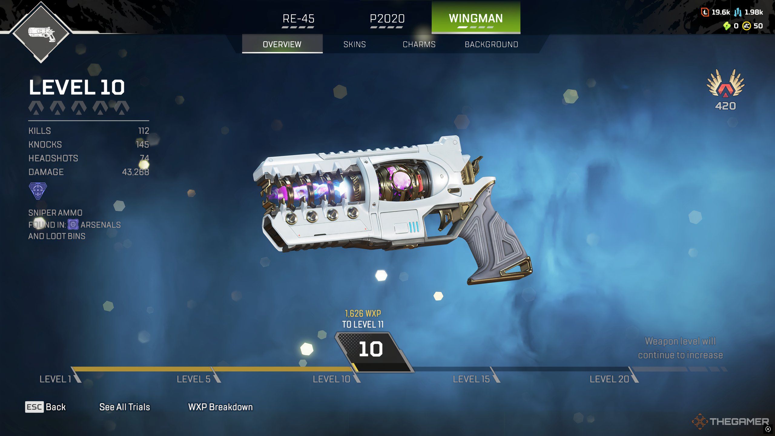 The Wingman, as viewed in the Legend Locker, sporting a nebular skin in Apex Legends.