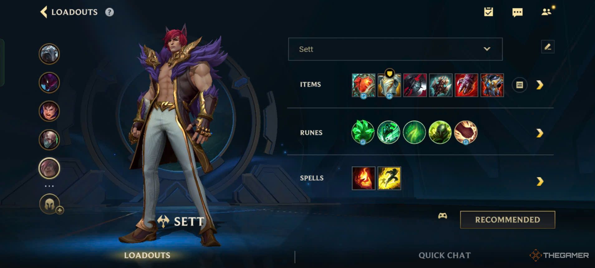 League of Legends: Wild Rift - Sett loadouts with items, runes, and Summoner Spells.