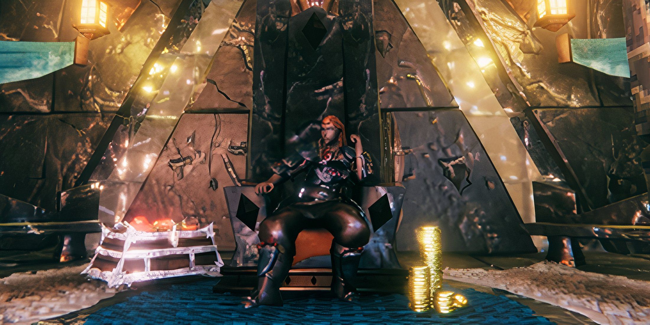 Valheim Official Screenshot Player Sitting on Throne with Gold and Loot Chest