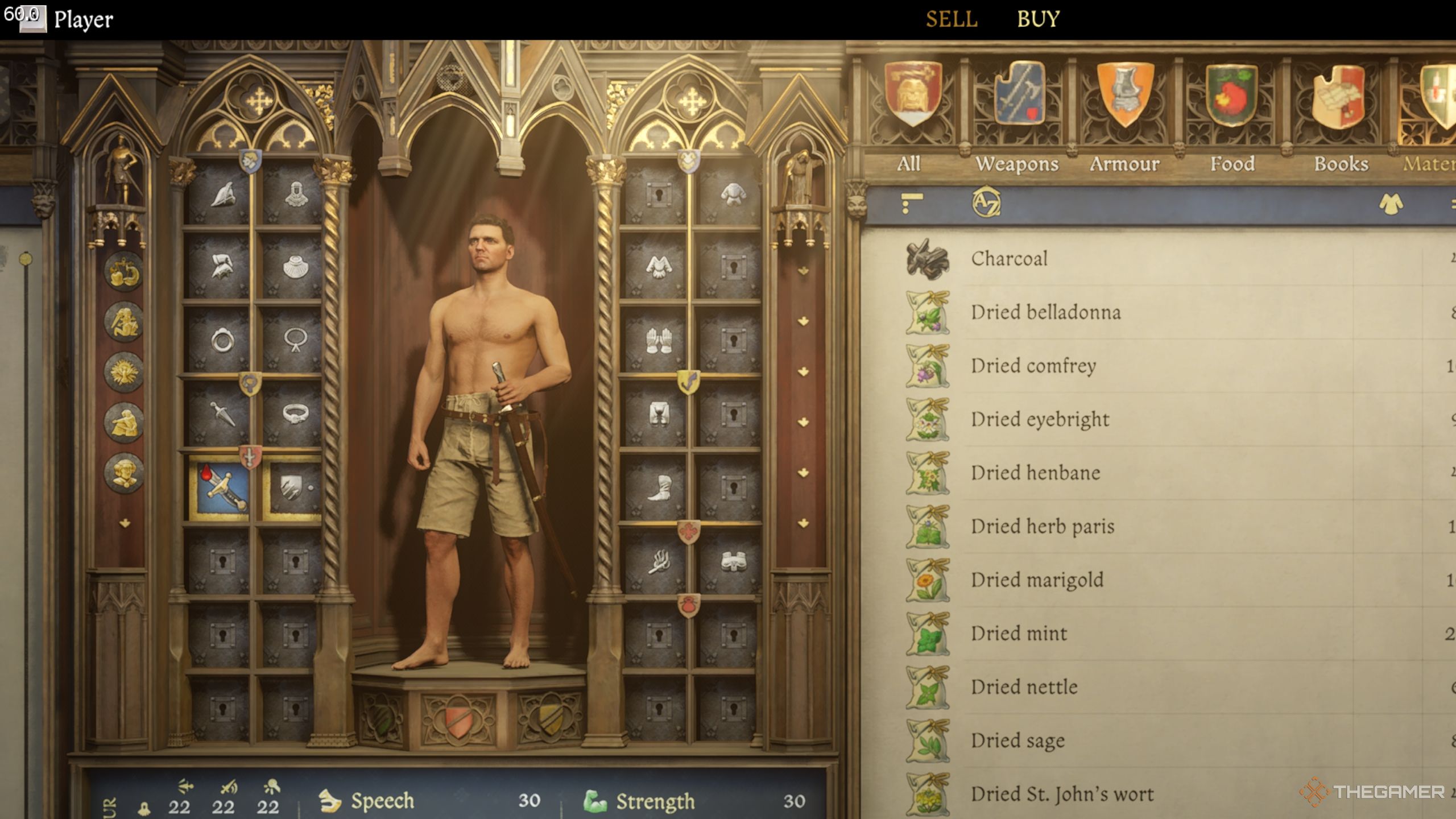 A gameplay screenshot showing a standing topless character and a lot of ingredients in kingdom Come: Deliverance 2.