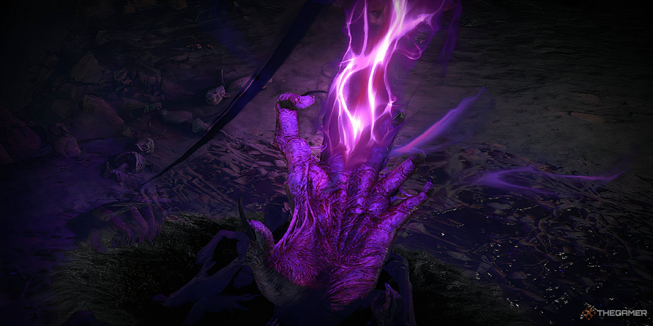 A purple Grasping Hand that the player must interact with in order to start the Breach encounter in Path of Exile 2.