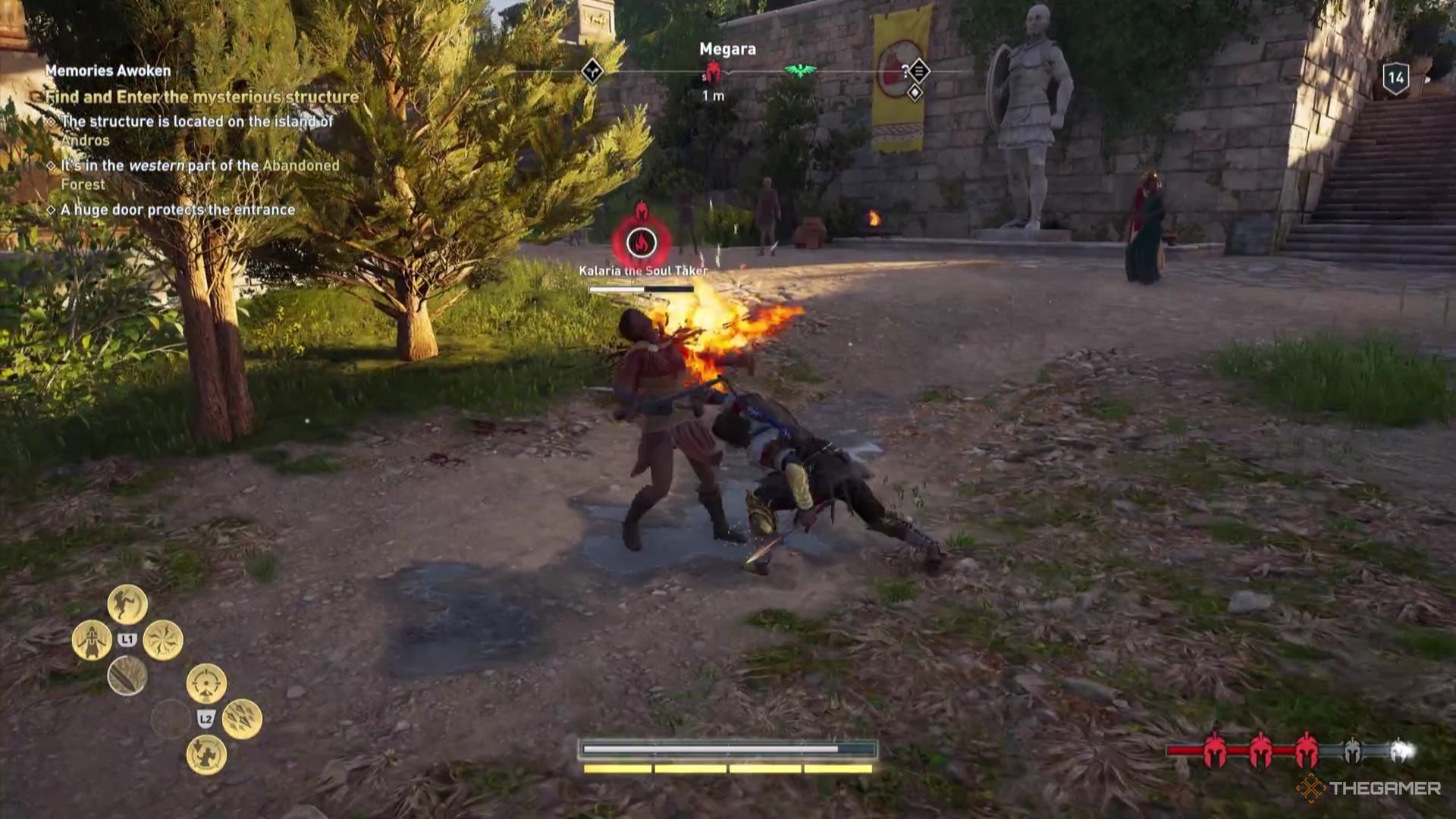 Kassandra lights a Mercenary on fire in Assassin's Creed Odyssey.