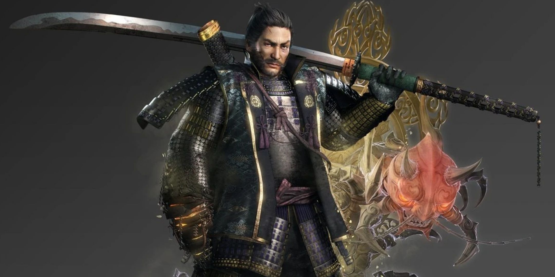 Date Shigezane from Nioh 1 in official art alongside his guardian spirit.