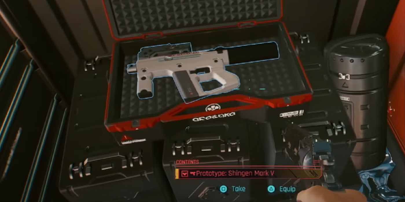 Smart Weapons in Cyberpunk 2077. The Prototype Shingen Mark V, a variant of the TKI-20 Shingen submachine gun.