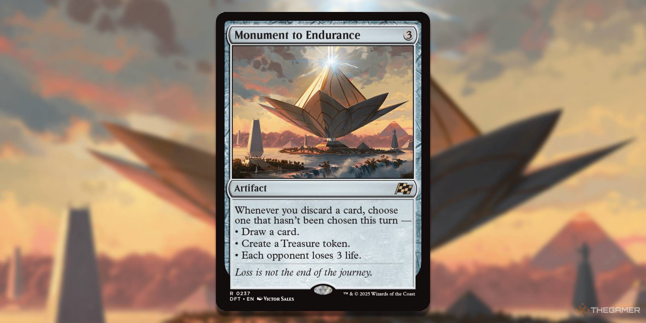 MTG Monument to Endurance card with the art in the background.