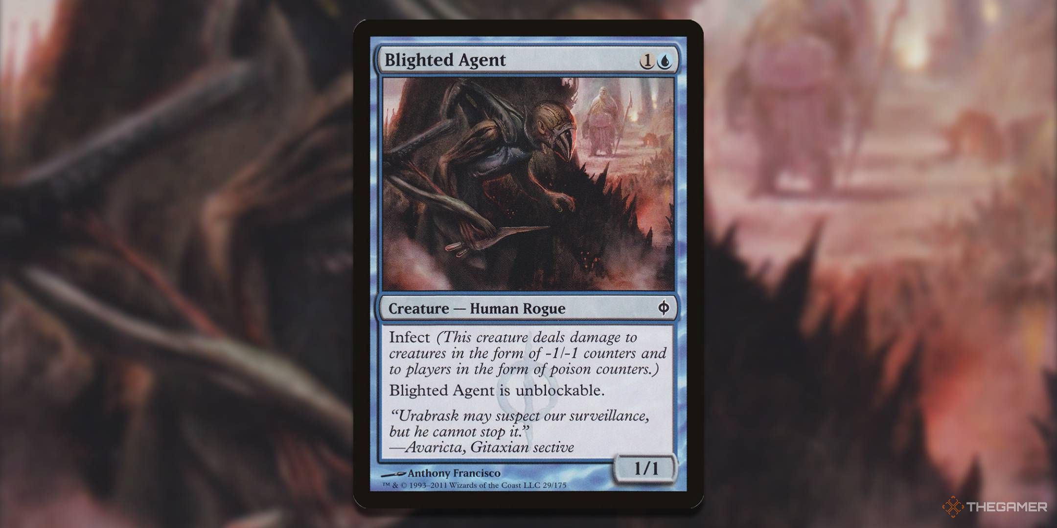 MTG Blighted Agent card with the art in the background.