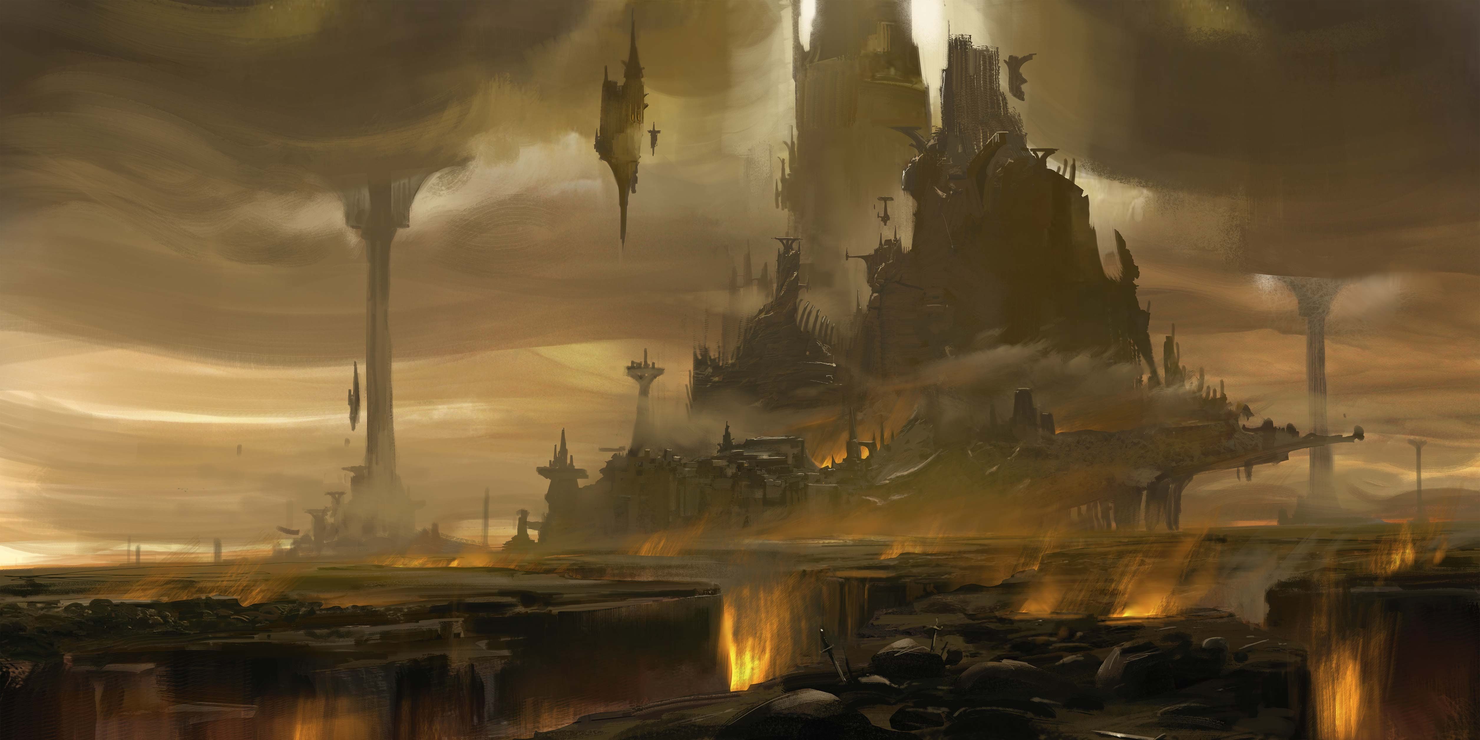 Dungeons & Dragons image showing a mountainous devil city in the nine hells surrounded by fiery chasms.